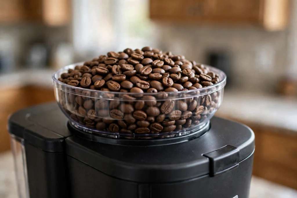Bean hopper of a coffee maker with built-in grinder filled with whole beans