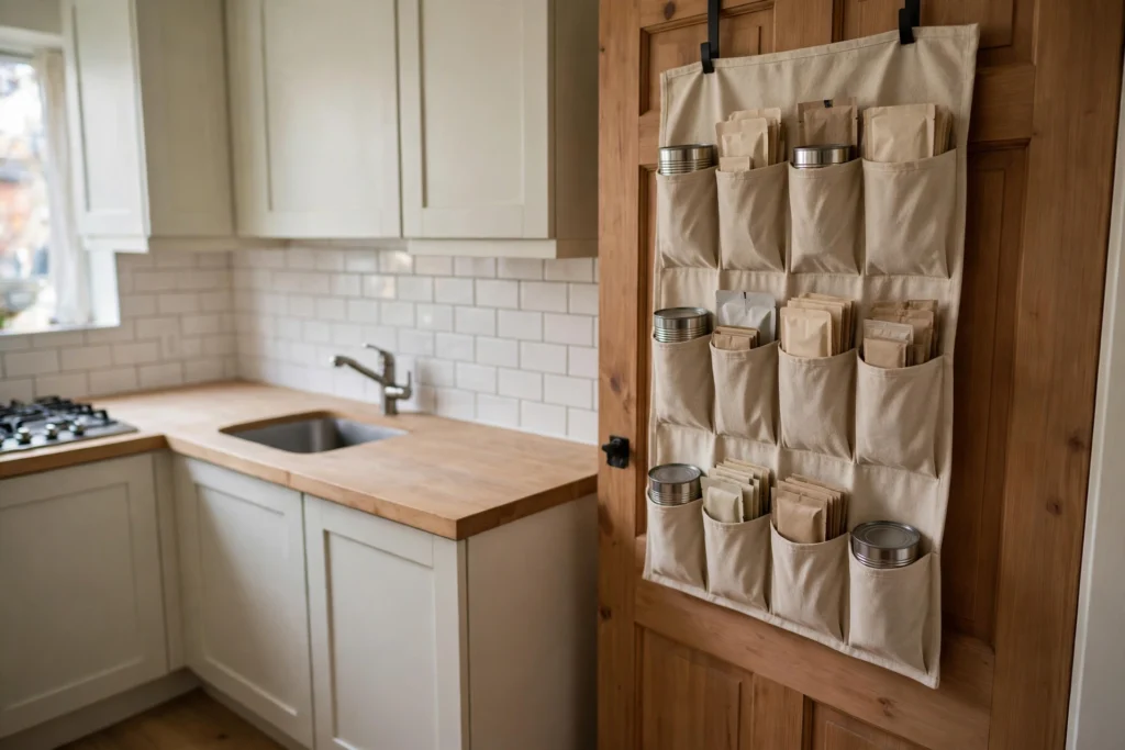 Over-the-door organizer in a small kitchen with clear, tidy counters
