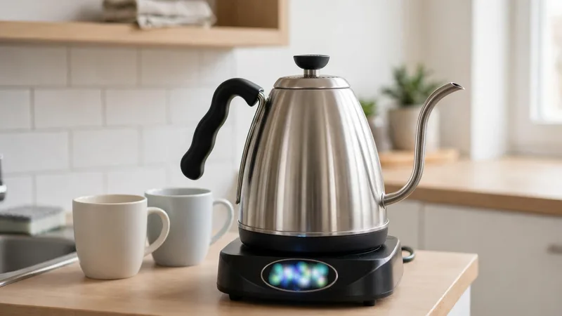 Electric gooseneck kettle on its power base on a small kitchen counter