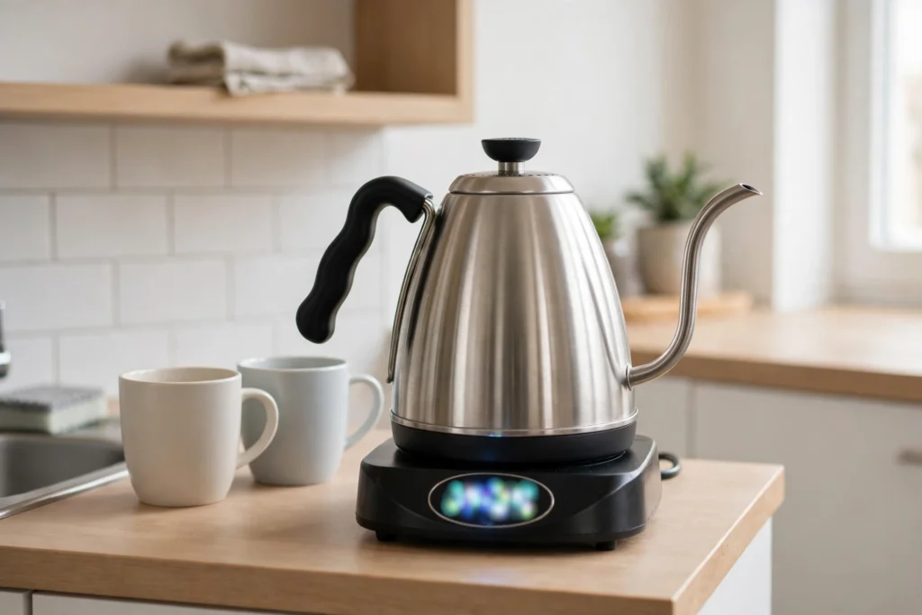 Electric gooseneck kettle on its power base on a small kitchen counter