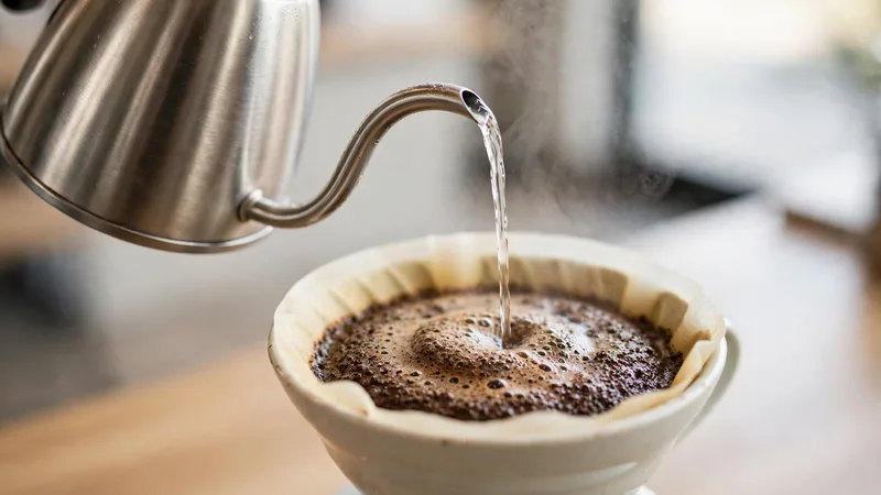 Gooseneck kettle pouring a thin stream of water over coffee grounds in a dripper