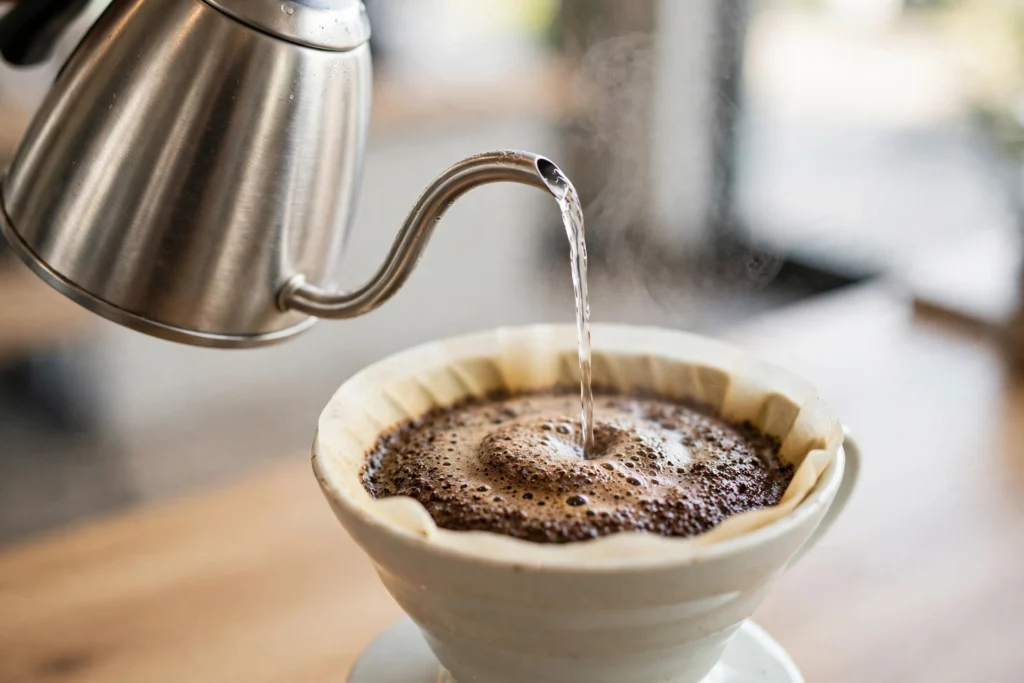Gooseneck kettle pouring a thin stream of water over coffee grounds in a dripper