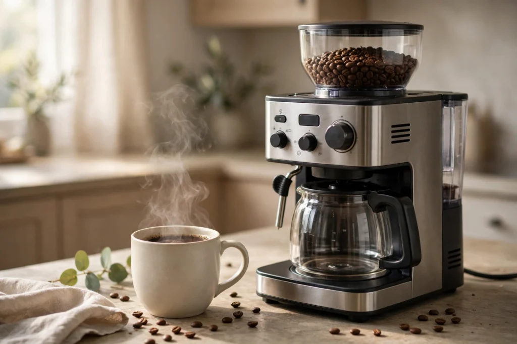 Fresh coffee from a grind and brew coffee maker in morning light