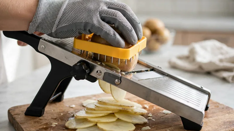 Using a food holder and cut-resistant glove to slice a potato safely on a mandoline slicer, from the best mandoline slicer picks guide