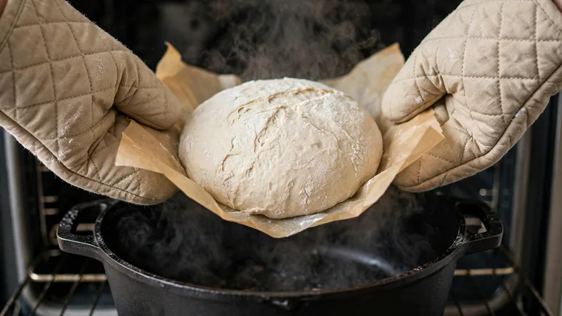 Hands in oven mitts lowering sourdough dough on parchment paper into a preheated black cast iron Dutch oven, from the Dutch ovens for sourdough bread guide