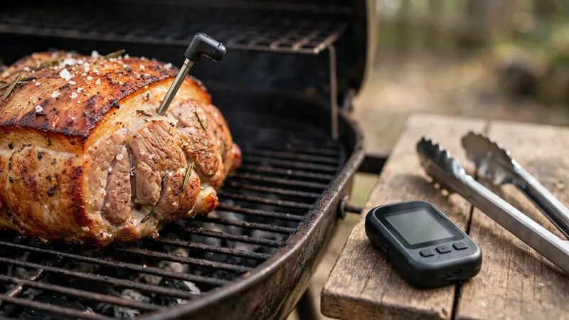 Best meat thermometer probe in a roast on a grill with a handheld receiver nearby