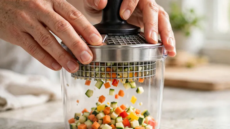 Hands pressing a manual best vegetable chopper with a grid blade as diced vegetables fall into a clear container.