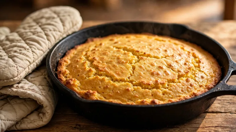 Golden cornbread baking inside a pre-seasoned best cast iron skillet