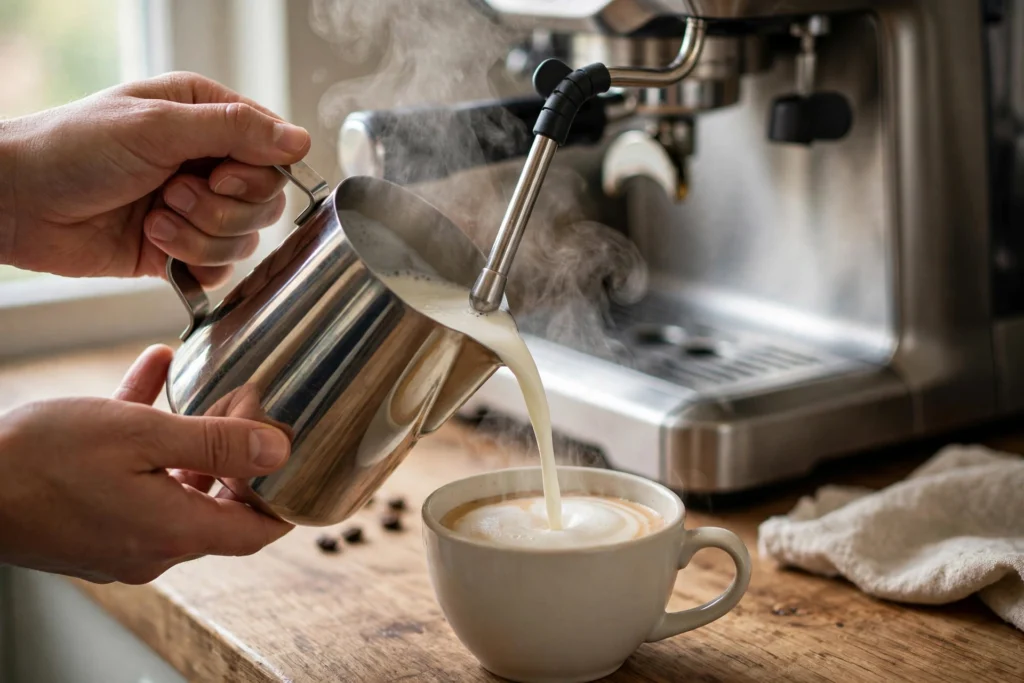 Barista steaming milk with the best espresso machine pick for lattes