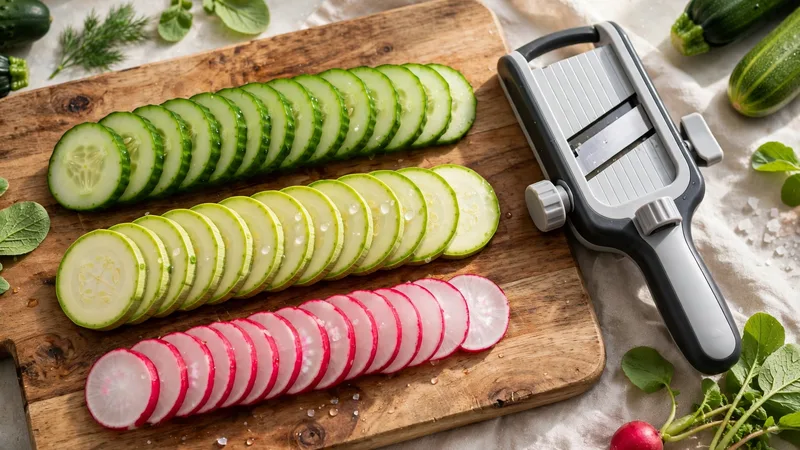 Thinly sliced cucumbers, zucchini and radishes on a cutting board next to a handheld mandoline slicer, one of the best mandoline slicer picks
