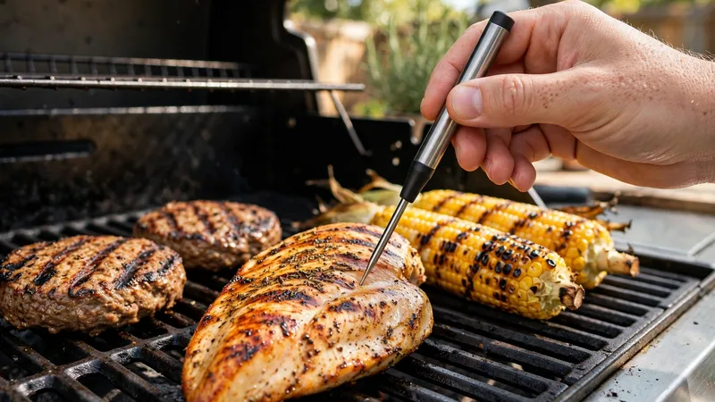 Instant-read thermometer checking a grilled chicken breast on a gas grill