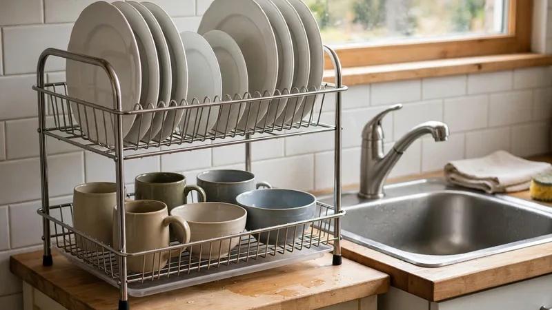 Two-tier stainless steel dish drying rack with plates on top and mugs and bowls below beside a sink