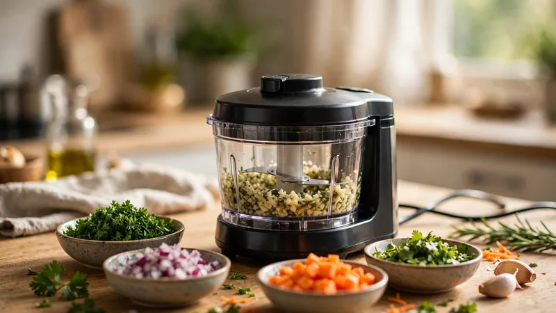 An electric best vegetable chopper appliance on a countertop surrounded by bowls of chopped vegetables and herbs.