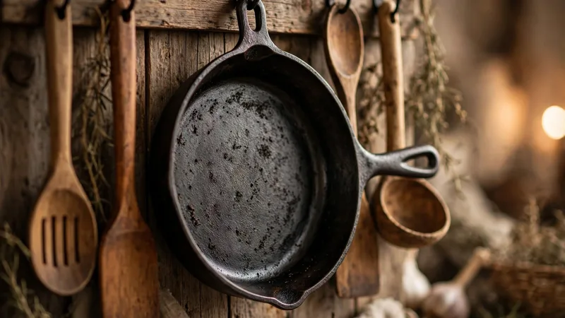 A seasoned best cast iron skillet hanging on a rustic kitchen wall