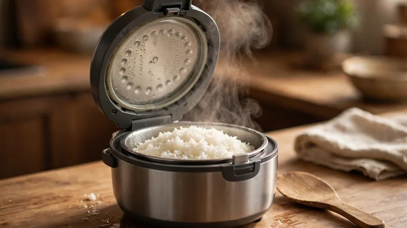 Mini rice cooker open with steaming fluffy rice inside