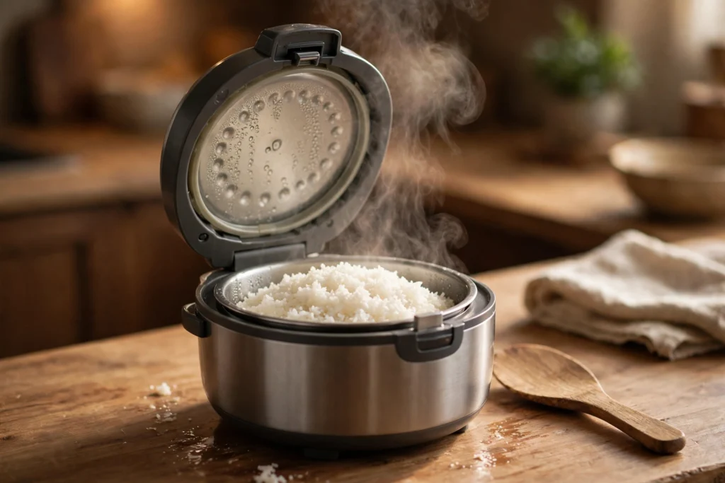 Mini rice cooker open with steaming fluffy rice inside