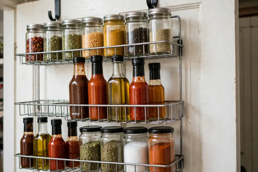 Tiers of an over-the-door pantry rack filled with spice jars and bottles