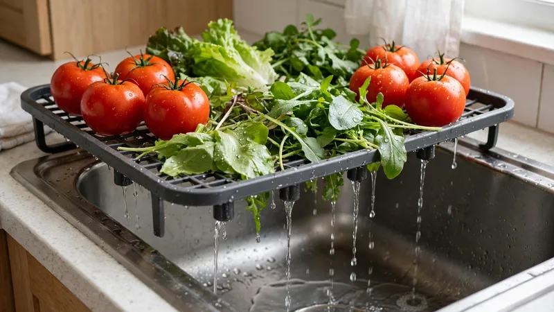 Vegetables draining on an over-the-sink rack in a small kitchen