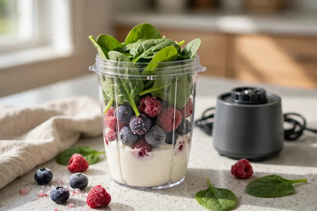 Single-serve blender cup being filled with spinach, berries and yogurt