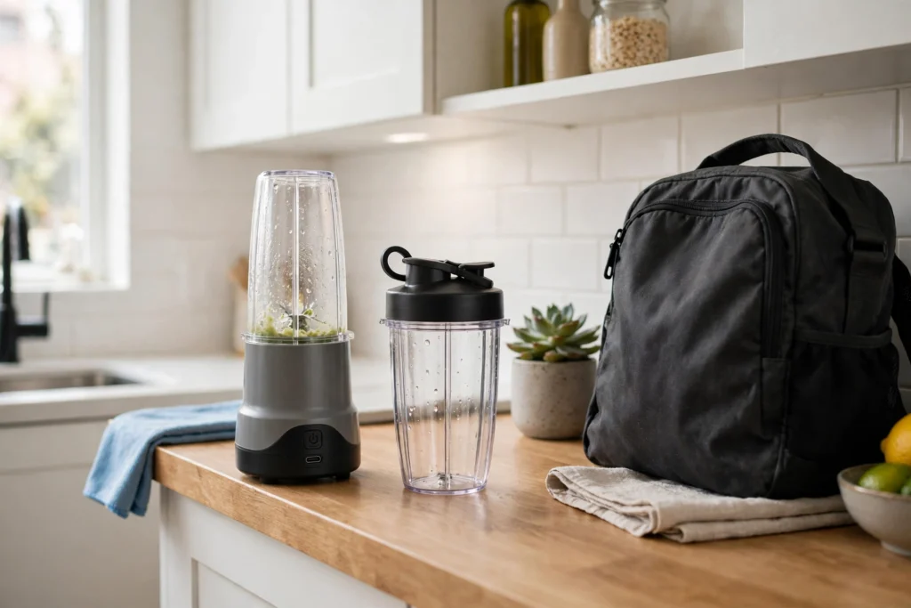 Personal blender with a travel cup on a small apartment counter