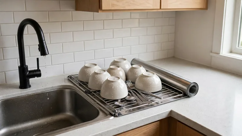 Roll-up dish rack over a sink with bowls and utensils draining