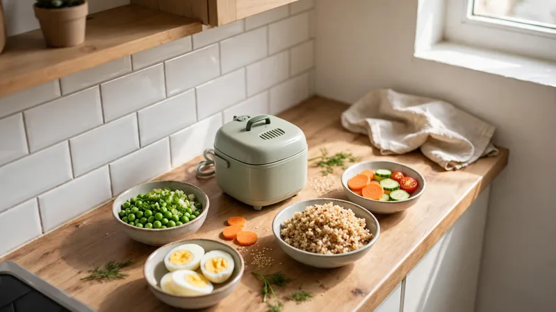 Small rice cooker on a narrow counter with bowls of vegetables and grains