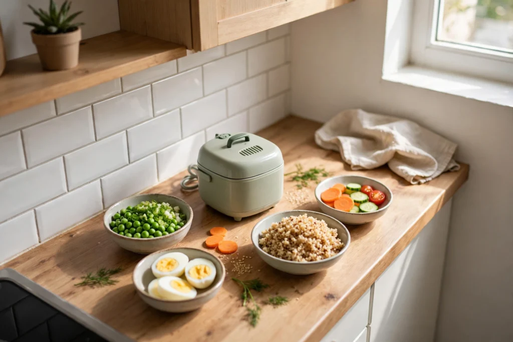 Small rice cooker on a narrow counter with bowls of vegetables and grains
