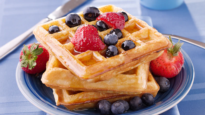 Blueberry waffles with strawberries made with the best waffle maker for small kitchens