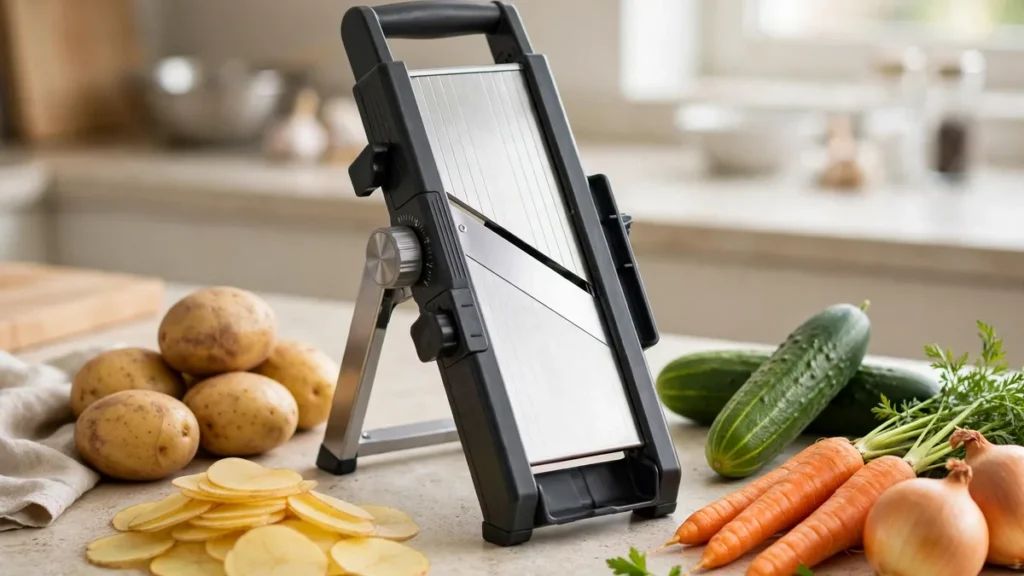 Mandoline slicer on a kitchen counter with fresh vegetables and thin potato slices, one of the best mandoline slicer picks