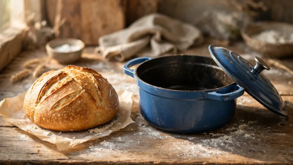 Round enameled cast iron Dutch oven with lid ajar beside a freshly baked golden sourdough loaf on parchment paper, one of the Dutch ovens that bake better sourdough bread at home