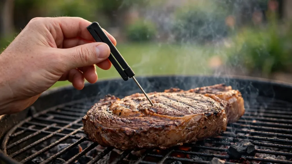 Best Meat Thermometer Picks for Grilling Without the Guesswork Instant-read meat thermometer checking a grilled steak on a backyard grill
