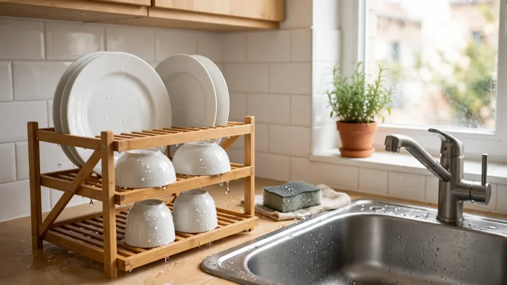 Compact dish drying rack with clean plates, bowls and cups drying beside a kitchen sink