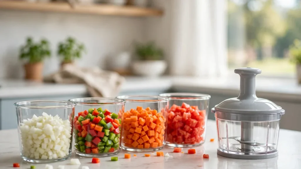 A bright kitchen counter with containers of diced vegetables and a best vegetable chopper pick for faster meal prep.