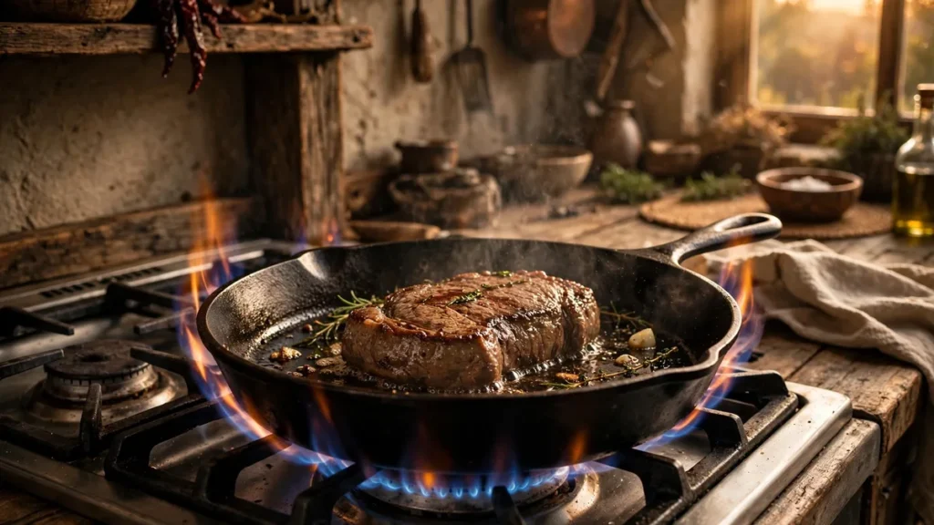 Top 7 Cast Iron Skillet Picks for Beautiful Searing A top-rated best cast iron skillet searing a steak over a gas flame
