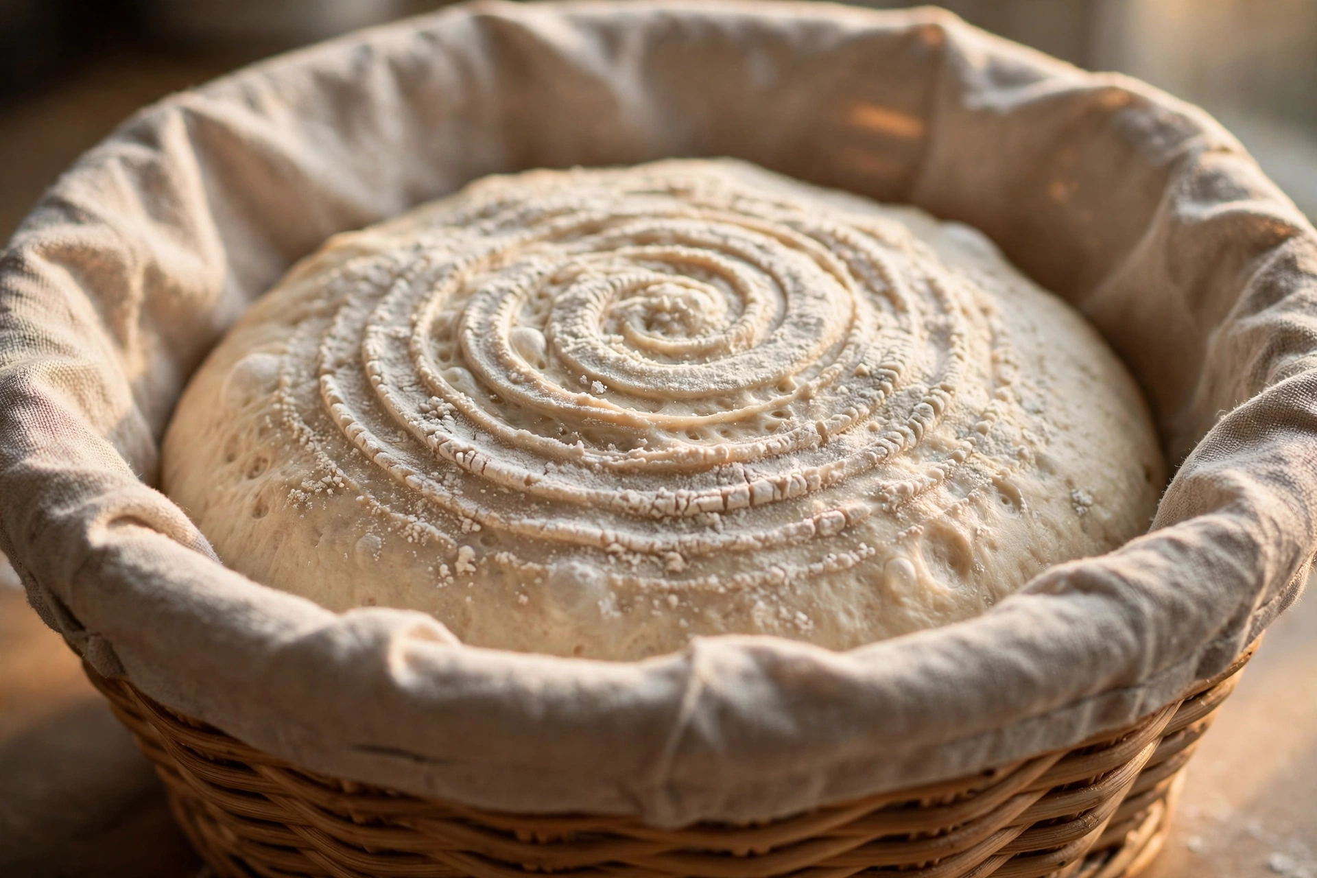 Dough rising in a banneton proofing basket with a linen liner