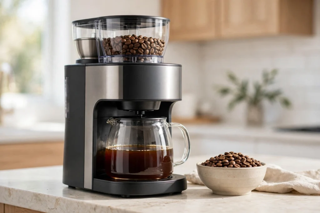 Best Coffee Maker with Built-In Grinder: 7 Grind-and-Brew Picks Best coffee maker with built in grinder on a kitchen counter with beans beside it