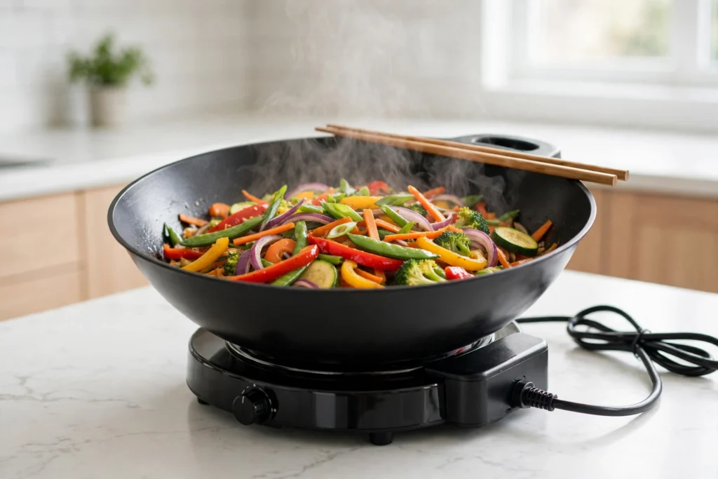 Best Electric Wok: 6 Picks for Real Stir-Fry Heat at Home Best electric wok with steaming stir fry vegetables on a kitchen counter
