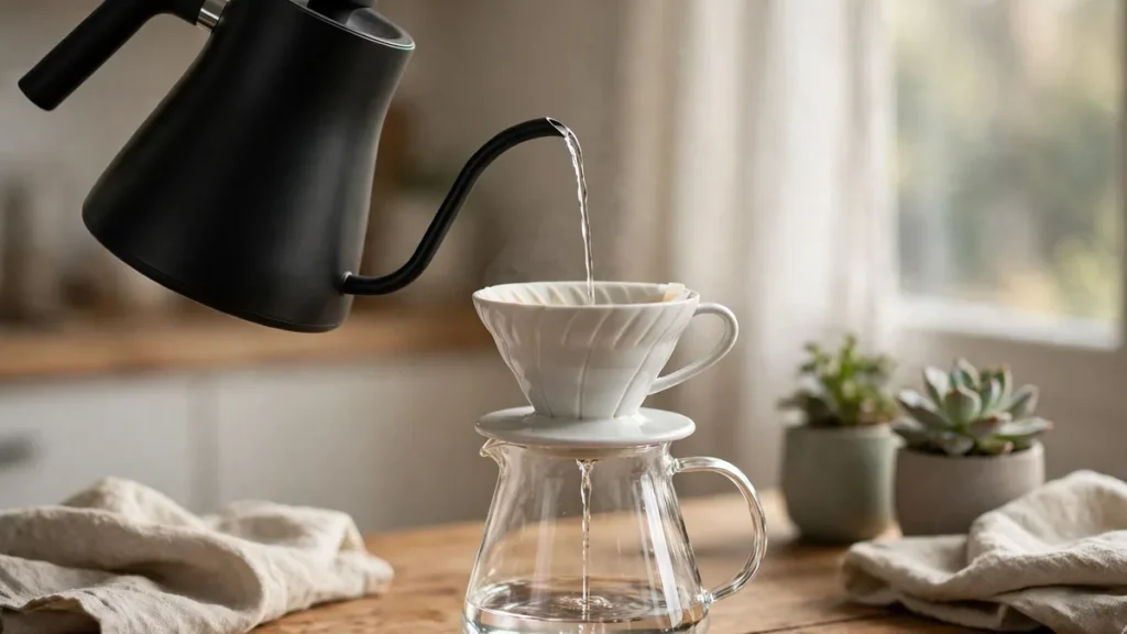 Best gooseneck kettle under $50 pouring water into a pour-over coffee dripper