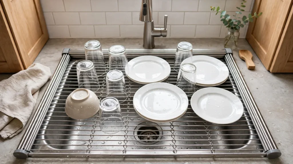 Best over the sink dish drying rack with plates and glasses drying over a kitchen sink