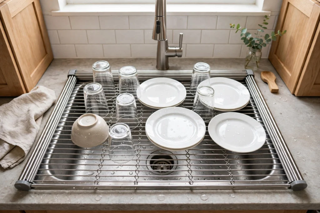 Best over the sink dish drying rack with plates and glasses drying over a kitchen sink