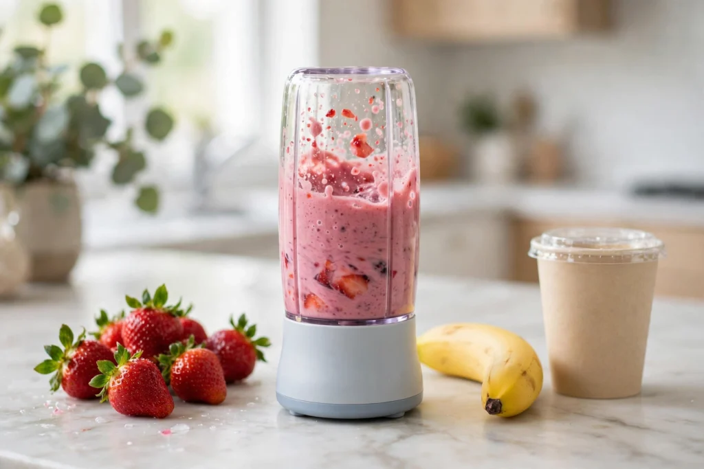 Best personal blender blending a berry smoothie with fruit on the counter