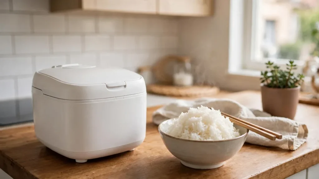 Best rice cooker for small kitchen on an apartment counter next to a bowl of steamed rice