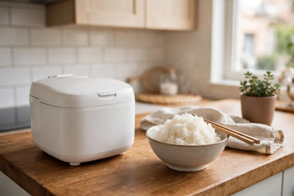 Best Rice Cooker for Small Kitchens: 7 Compact Picks for 1-3 People Best rice cooker for small kitchen on an apartment counter next to a bowl of steamed rice