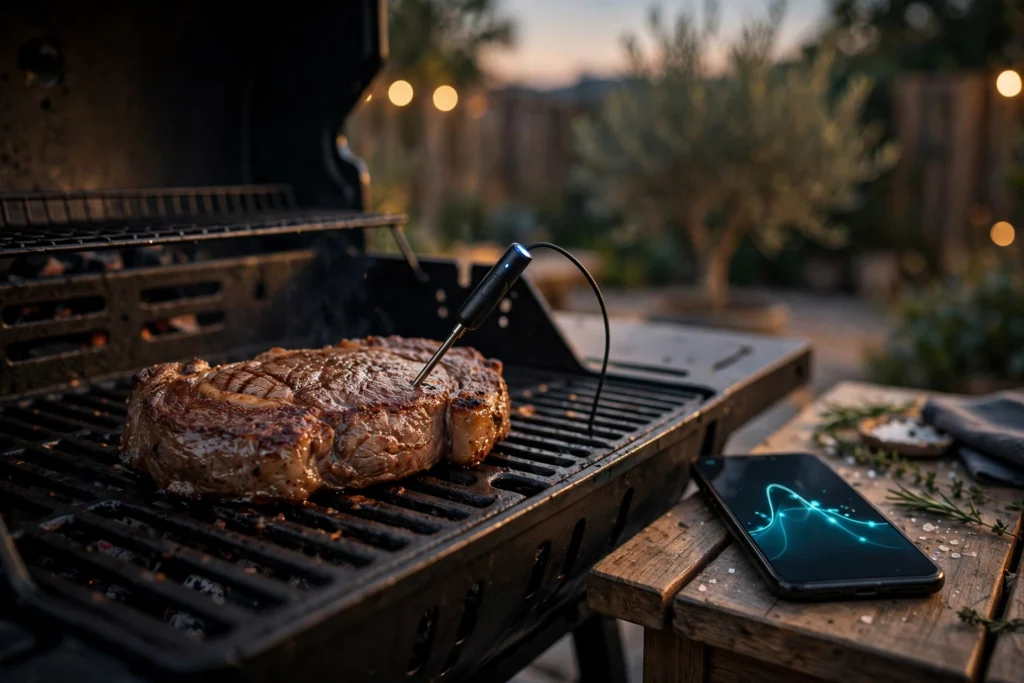 Best Wireless Meat Thermometer: 7 Picks for Grill, Oven and Smoker Best wireless meat thermometer probe in a steak on a grill next to a phone