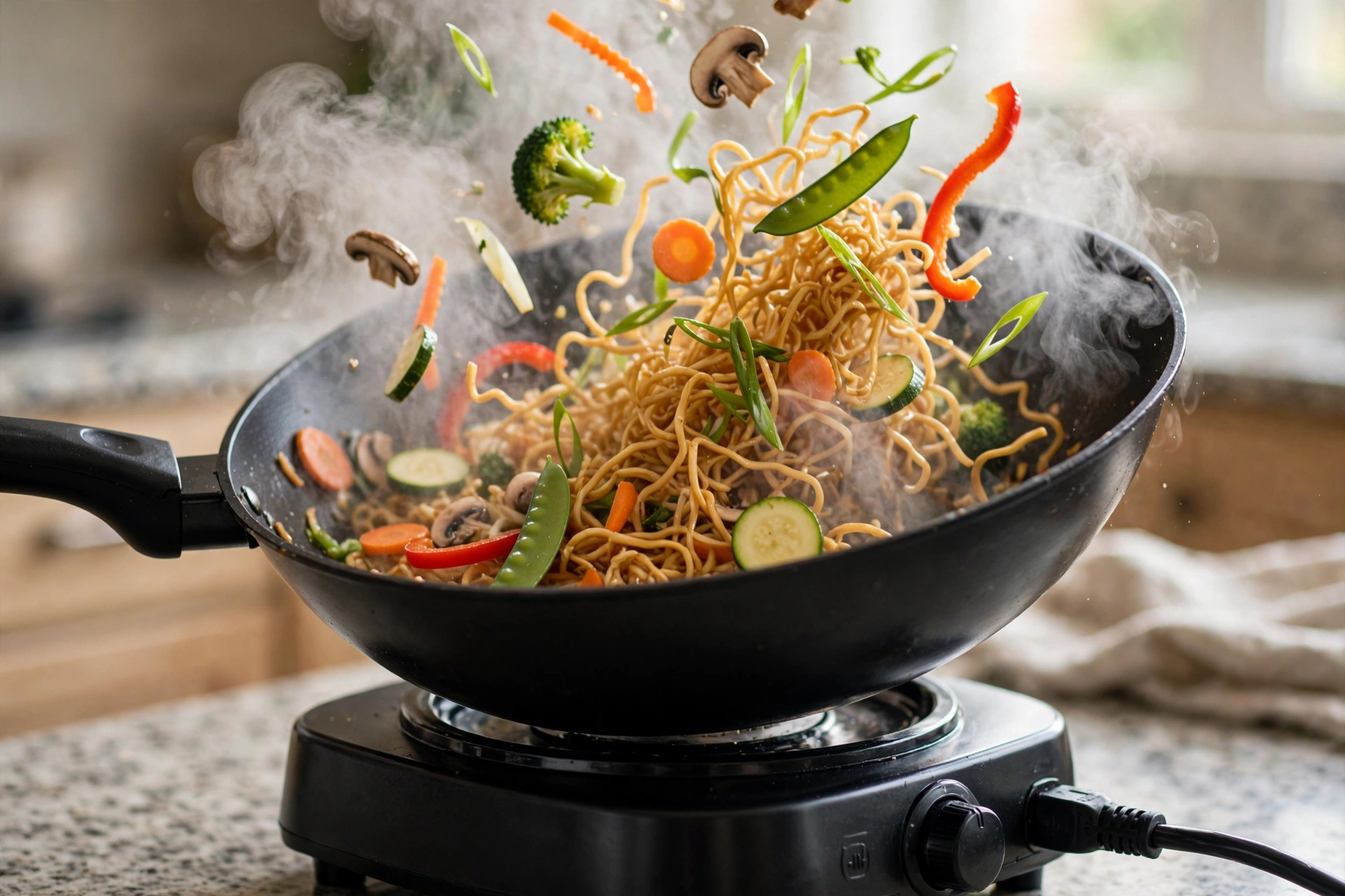 Vegetables and noodles being tossed in an electric wok