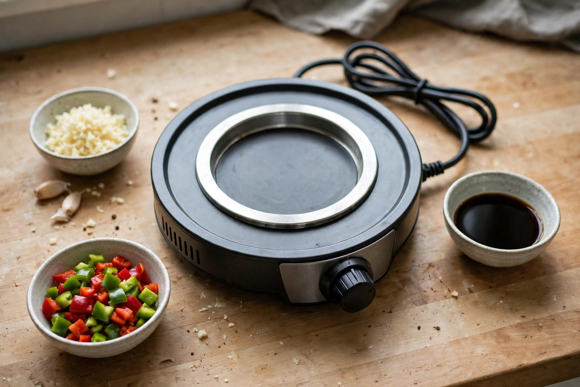 Electric wok temperature control dial with bowls of stir fry ingredients