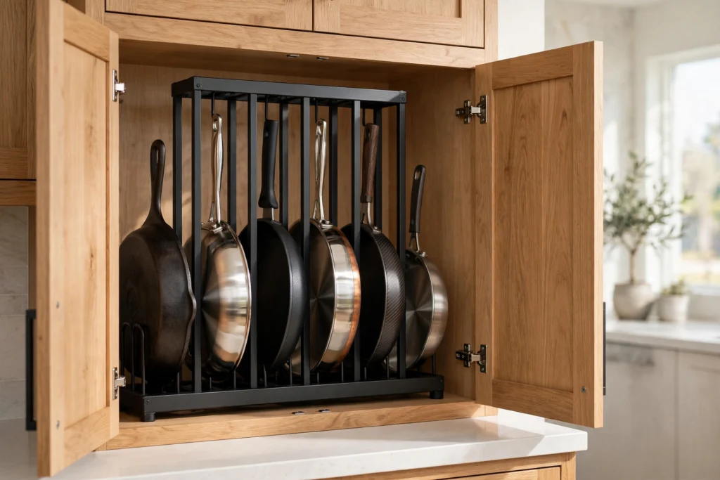 Open kitchen cabinet with one of the best pan organizer picks holding frying pans upright in slots