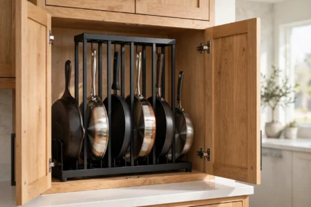 Open kitchen cabinet with one of the best pan organizer picks holding frying pans upright in slots