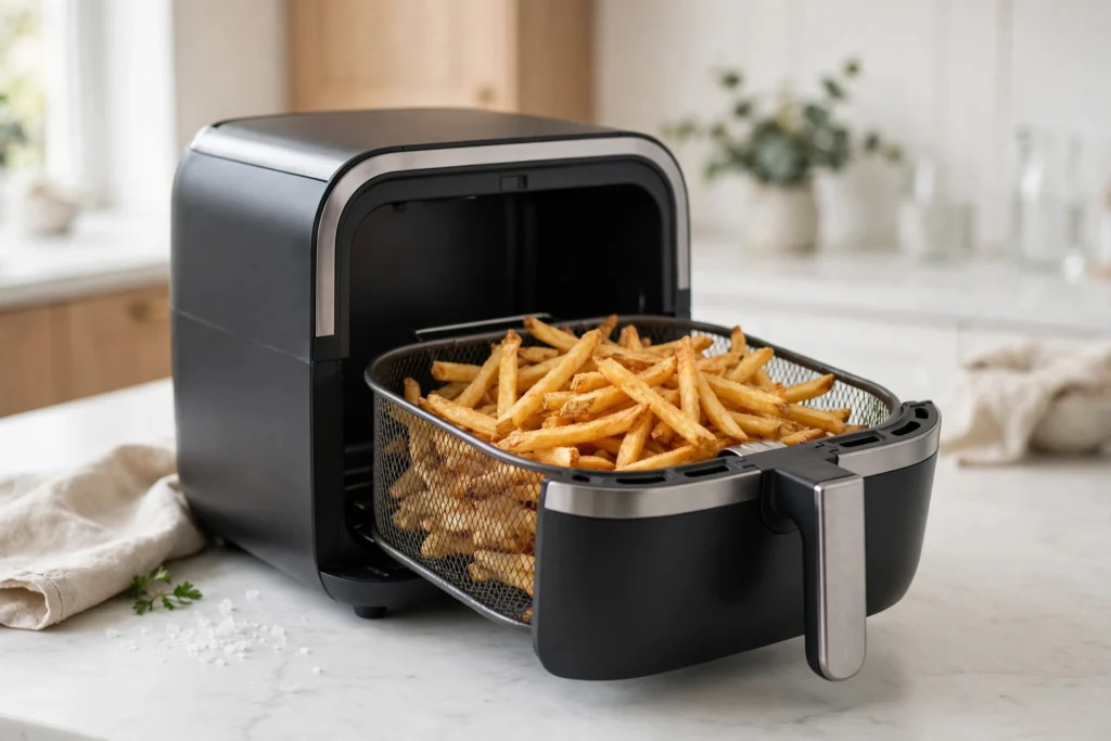 Best air fryer picks for small kitchens: compact 4-quart fryer with crispy fries on a kitchen counter