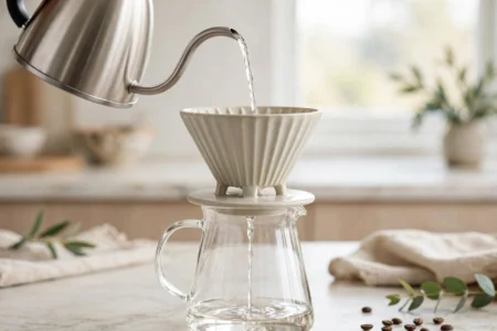 Best pour-over coffee dripper picks for beginners: ceramic pour-over dripper on a glass carafe with water poured from a gooseneck kettle